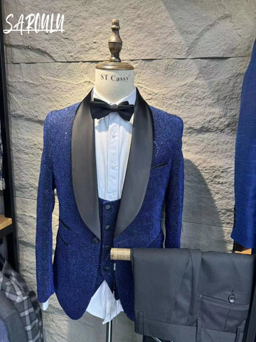 Holiday Shawl Lapel 3-pieces Men Suit Textured Single Breasted Patterned Tuxedo Set Vintage Party Groom Wear Fast Shipping