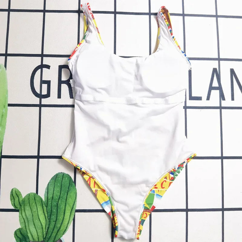 Marca de luxo colorida estampada de roupa de banho de uma peça 2023 Mulheres Summer Summer Beach Biquíni Padrão de paisagem colorida Sexy Swimsuit