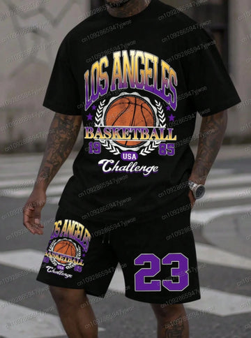 Men's Los Angeles Print Short Sleeve T-Shirt & Shorts Set Round Neck basketball  Short Sleevedomen's T-shirt Shorts Set