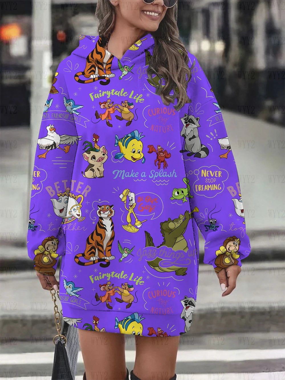 Women's hooded pullover sweatshirt fashion loose autumn and winter hoodie Disney chic retro print long-sleeved dress