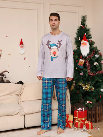Men's Christmas Pajama Set - Reindeer Print Long - Sleeve Top & Festive Plaid Pants, Cozy Holiday Loungewear