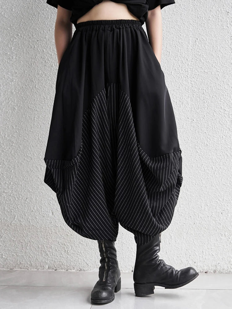 [EAM] High Elastic Waist Black Striped Spliced Harem Trousers New Loose Fit Pants Women Fashion Tide Spring Summer 2024 1DE0542