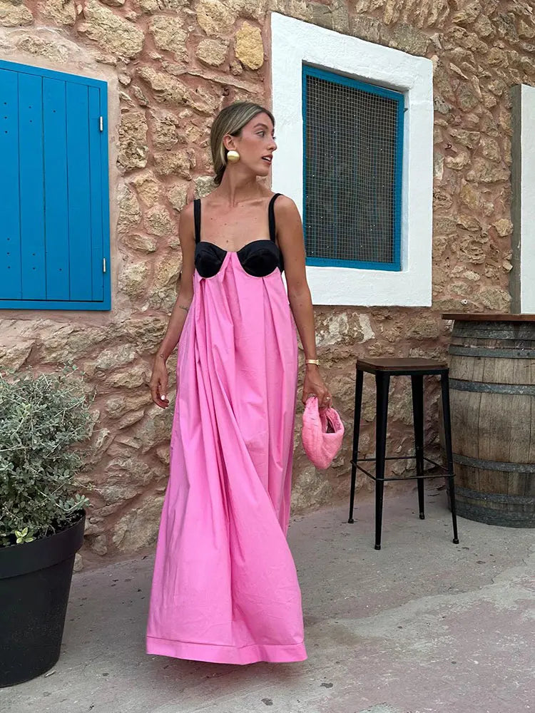 Women Fashion Color Matching Halter Maxi Dress Ladies Sexy Backless Off Shoulder Sleeveless Dresses Female party Holiday Robes