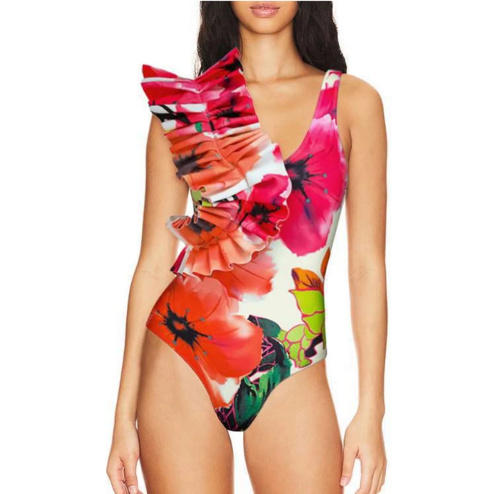 2024 New Flower Printed Ruffle One Piece Women Swimsuit Swimwear with Skirt Ruffle Bathing Suit Monokini Beach Wear Bodysuit