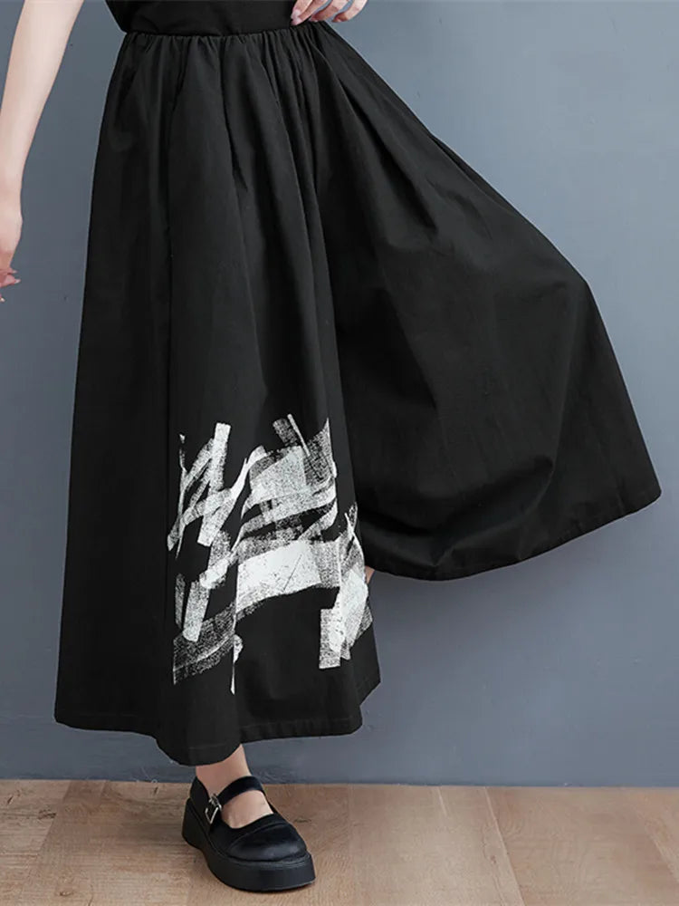 2024 New Arrival Japan Yamamoto Dark Style Black Summer Wide Leg Pants Print Fashion Women High Waist Casual Pants Culotte