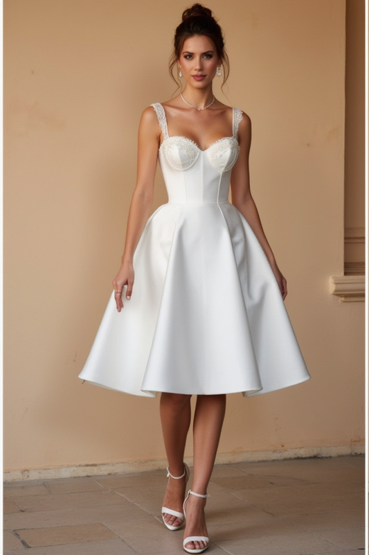 Tea-Length Satin Wedding Dress with Lace Straps & Corset Bodice