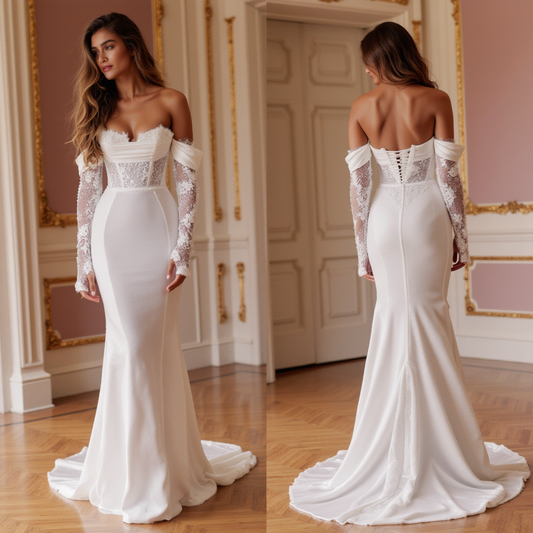 Off-Shoulder Lace Sleeve Wedding Dress with Corset Bodice