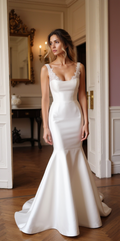 Sleek Satin Wedding Dress with Beaded Straps and Open Back