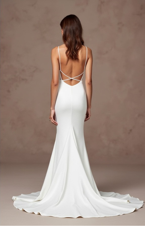 Spaghetti Strap Satin Wedding Dress with Slit and Open Back