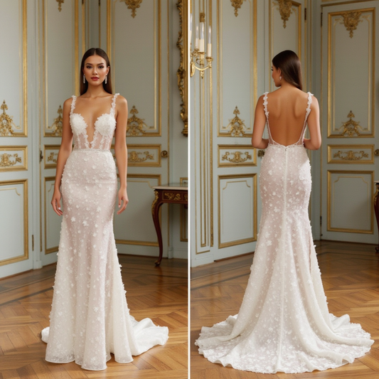Elegant 3D Floral Lace Wedding Dress with Deep V-Neck & Open Back